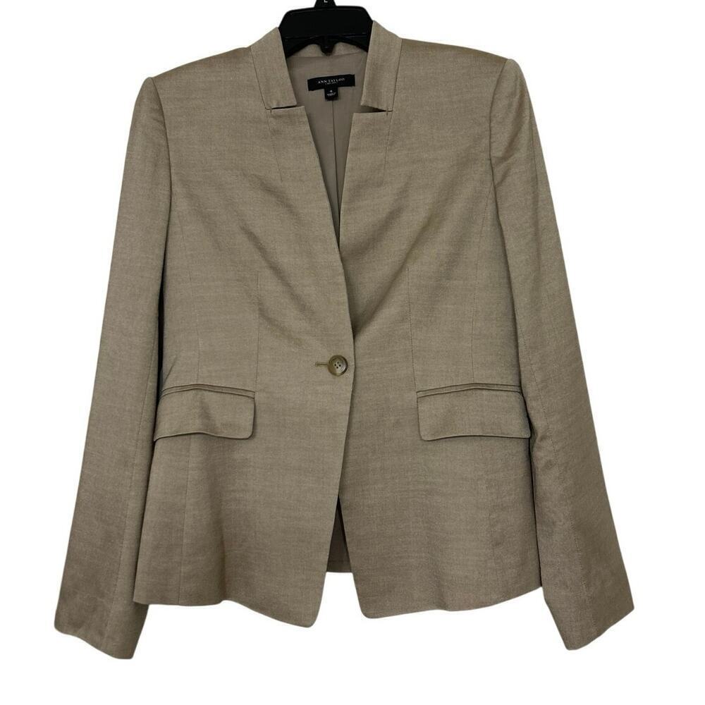 Ann Taylor Silk & Wool Blend One Button Flat Collar Minimalist Neutral Blazer 4